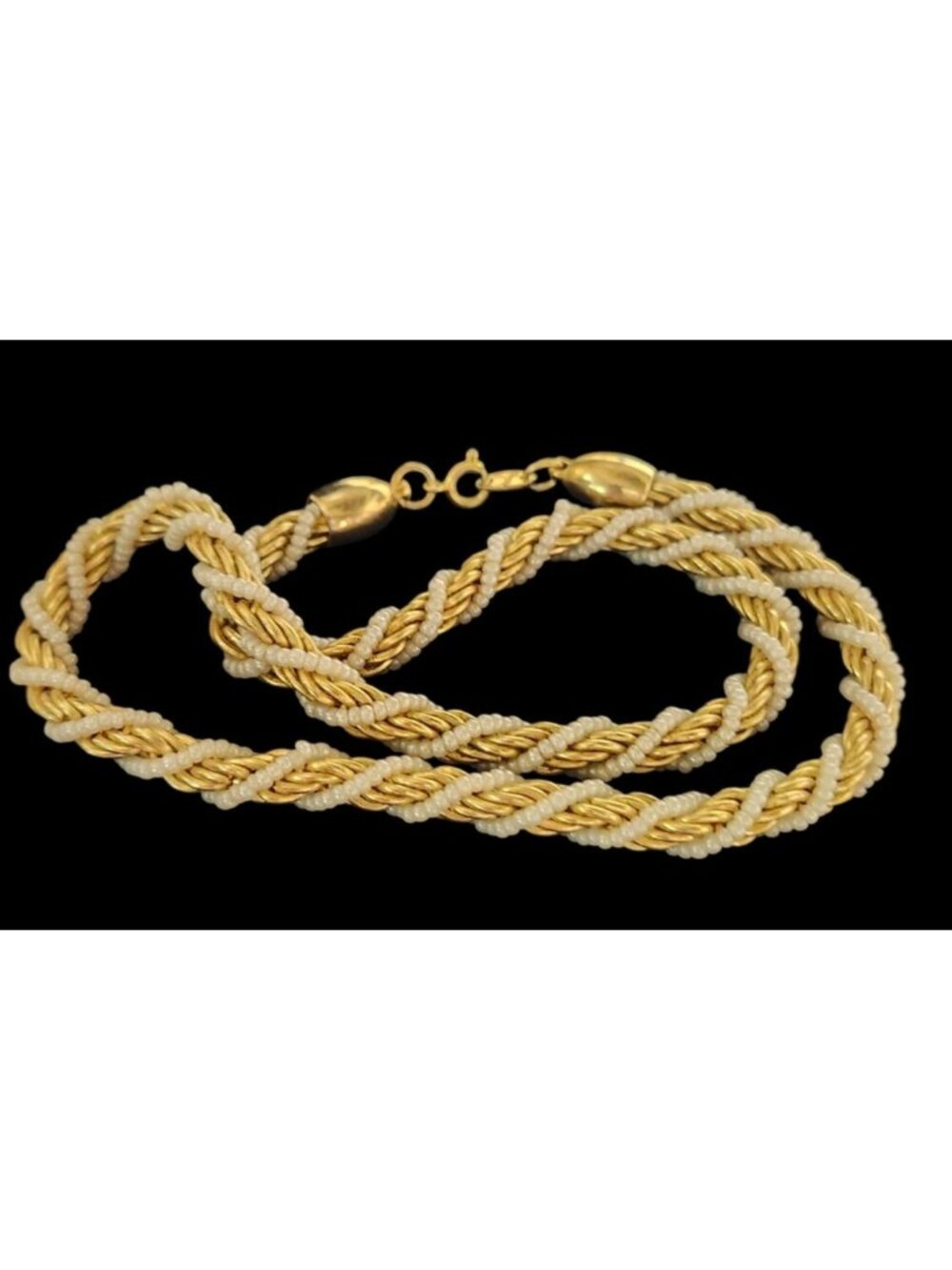 Vintage 1970s Trifari Gold Tone Rope Chain Necklace Faux Pearl Wrapping Classic